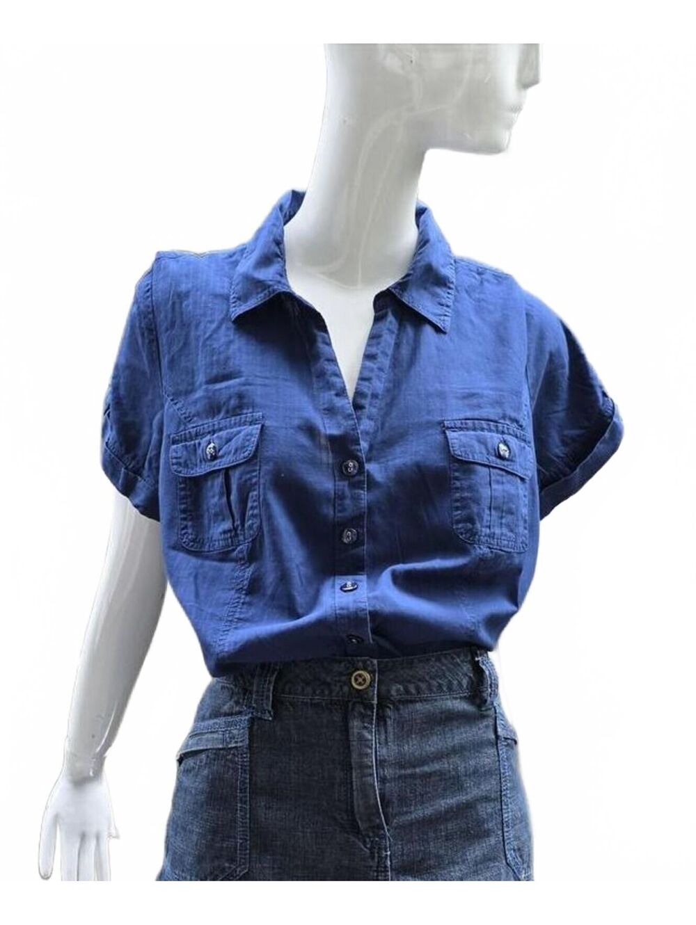Karen Scott Women's Navy Short Sleeve Button Down Cotton Utility Shirt 1X